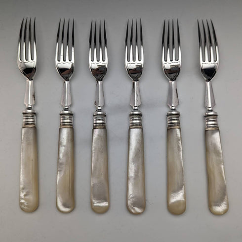 1880 British antique white butterfly shell handle dessert cutlery 6 pair set William Batt and Sons wooden box